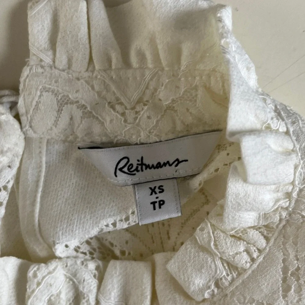 Ivory‎ Lace Ruffle Mock Neck Sleeveless Blouse XS Pleated Boho Top - Picture 4 of 7